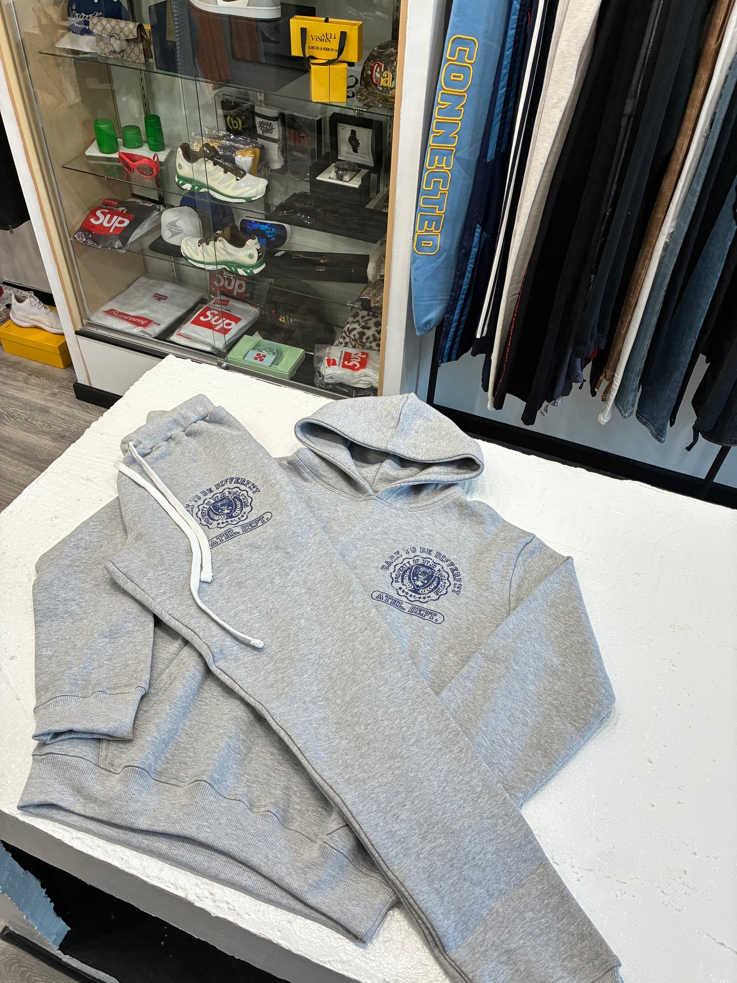 Gray and Navy Blue Sweat Suit Set